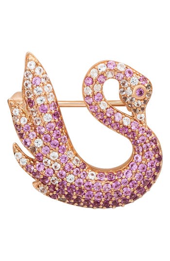 Suzy Levian Diamonds Pink & White Sapphire Swan Brooch In Pink