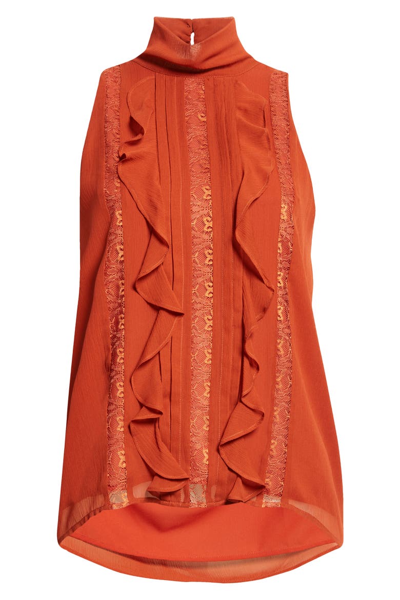 Christing Lace & Ruffle Detail Sleeveless Silk Top, Alternate, color, AMBER