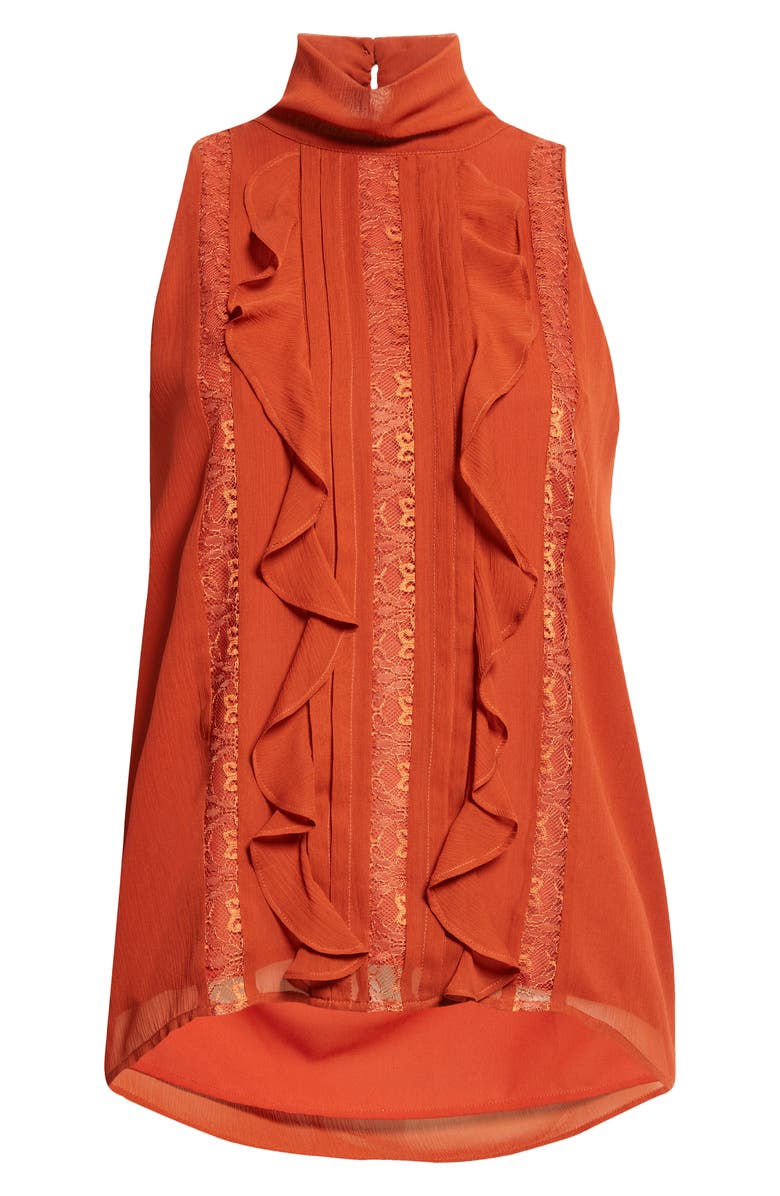 Ramy Brook Christing Lace & Ruffle Detail Sleeveless Silk Top, Alternate, color, Amber