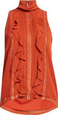 Ramy Brook Christing Lace & Ruffle Detail Sleeveless Silk Top
