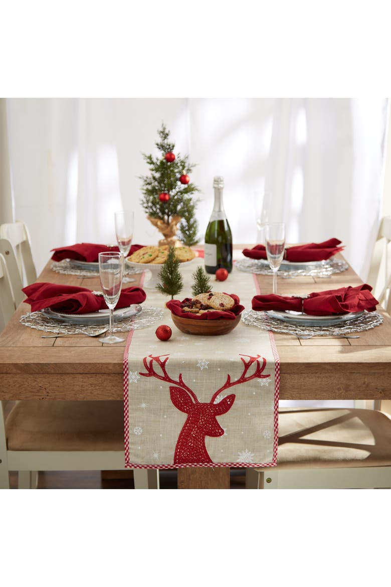 Red Reindeer Embroidered Table Runner, Alternate, color, Red Reindeer