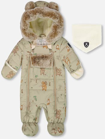 Baby Boy One-Piece Layette Snowsuit Designed for Car Seat Animal