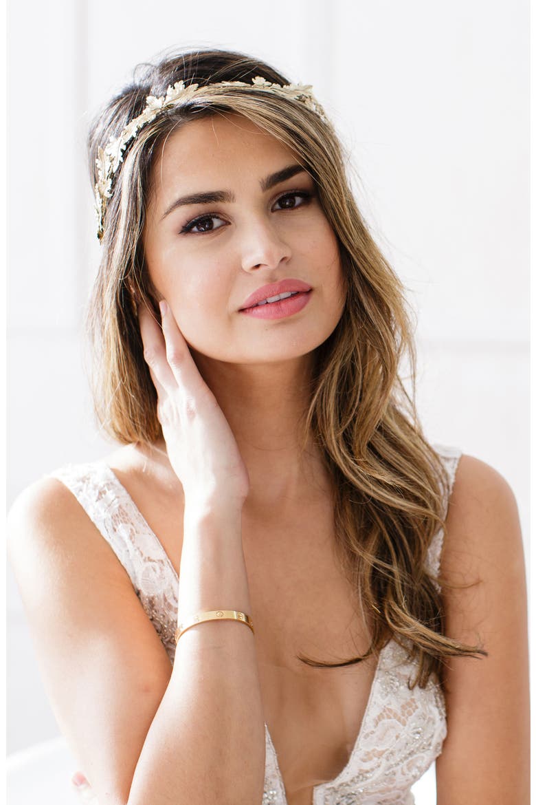 Paula Grecian Leaf Halo & Sash, Alternate, color, GOLD