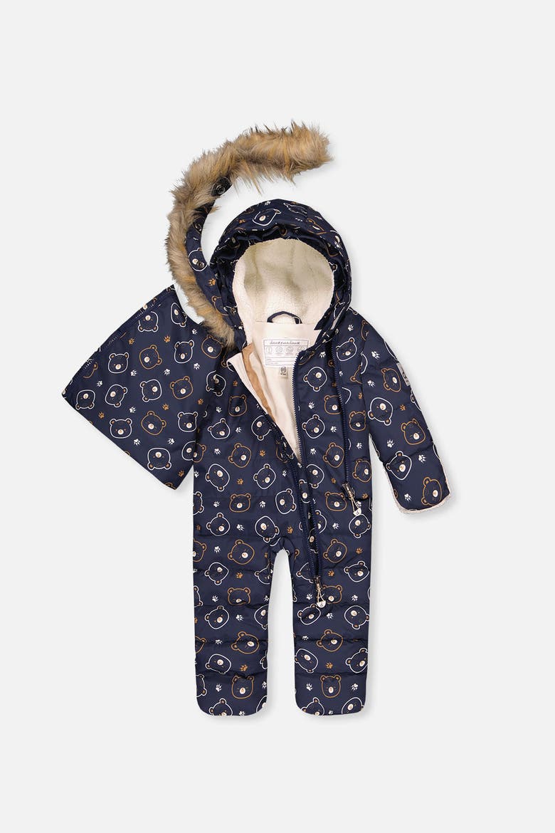 Teddy Bears Snug Car Seat Fleece Neckwarmer One Piece Snowsuit, Alternate, color, Blue Printed Teddy Bears