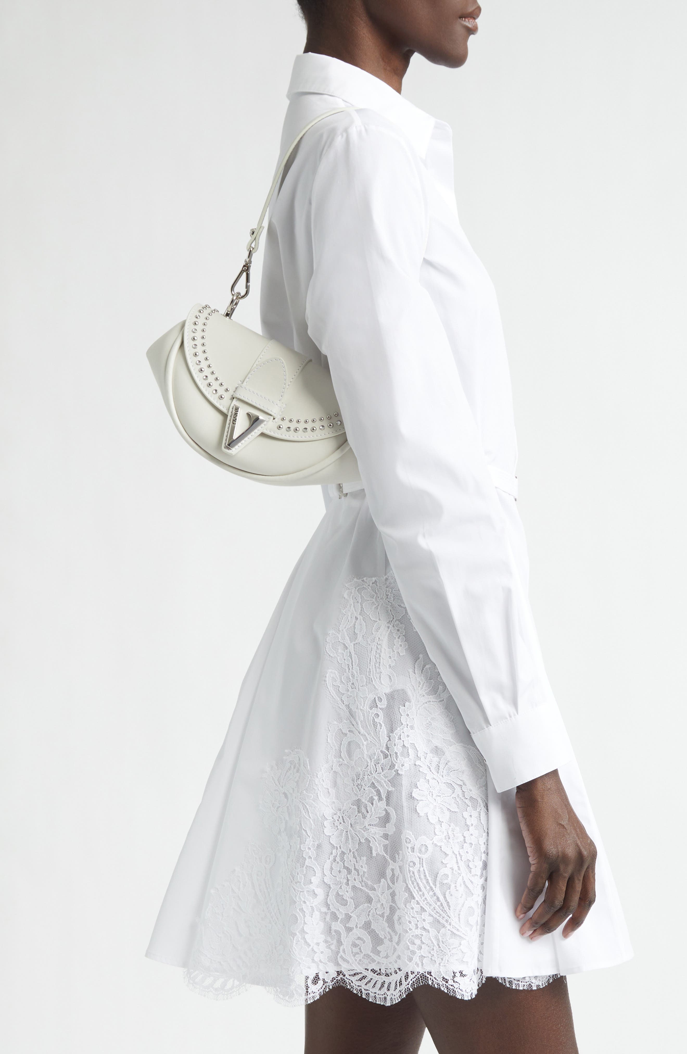 Versace Small Virtus Stud Embellished Leather Shoulder Bag, Alternate, color, Porcelain White-Pall