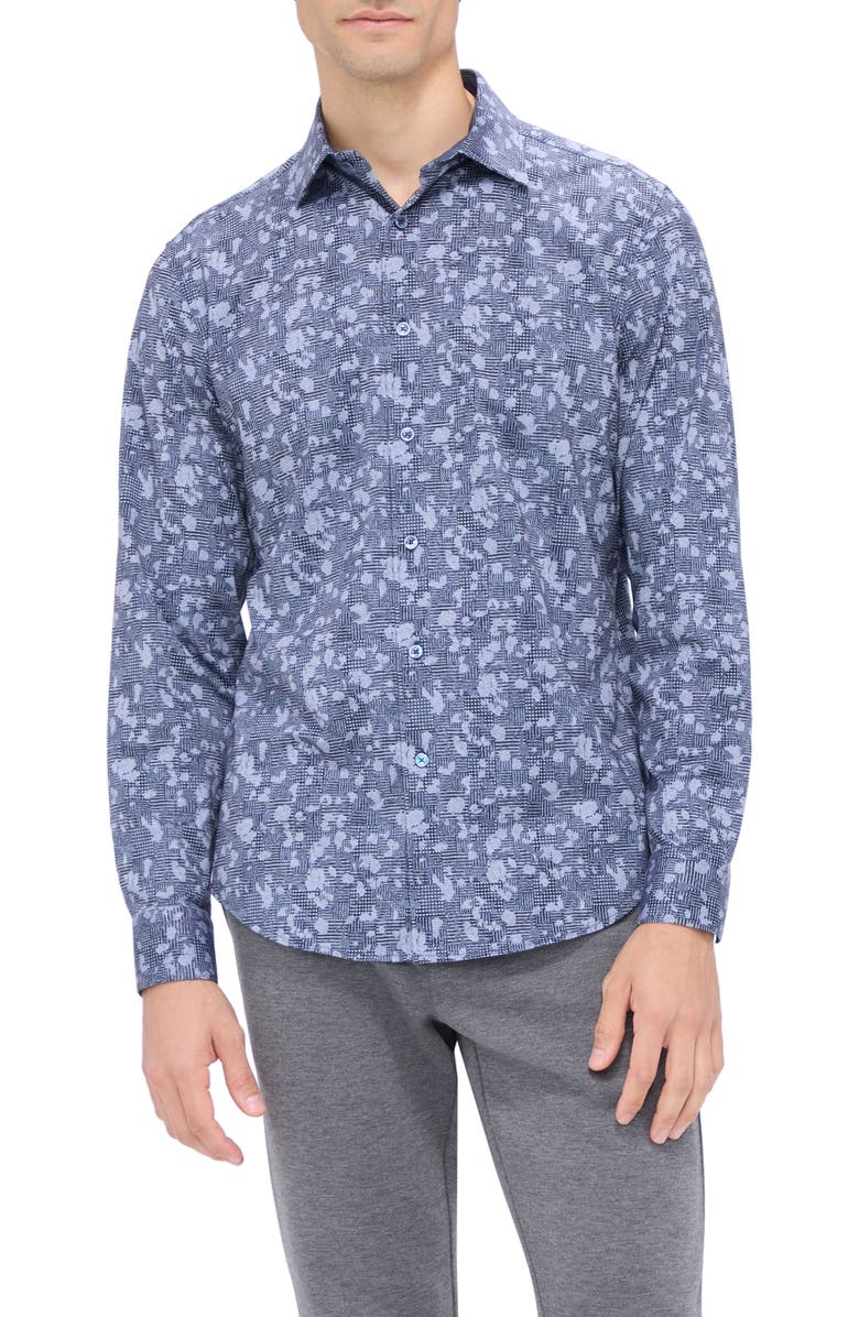 Bugatchi Jimmy OoohCotton<sup>®</sup> Spatter Plaid Button-Up Shirt, Main, color, Navy