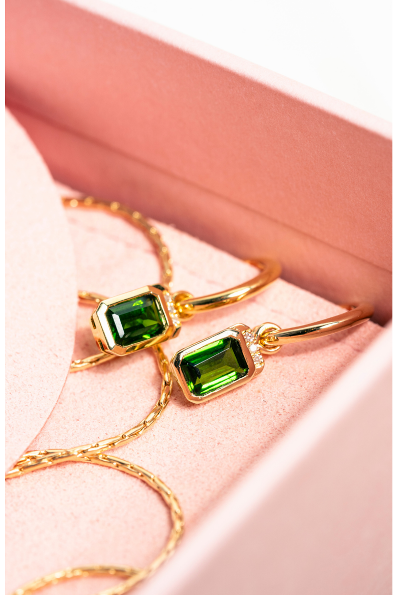 Noelle Diamond Hoops | 6 natural diamonds - 2 diopside gemstones| 925 Sterling Silver | Earrings | Hoop | Yellow 18k-Gold Plated, Alternate, color, Diopside Green