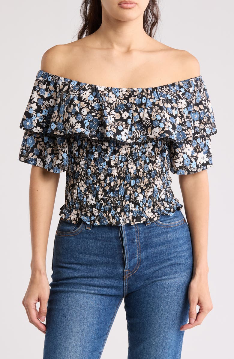 BY DESIGN Laura Floral Ruffle Short Sleeve Top, Main, color, Ditsy Blue