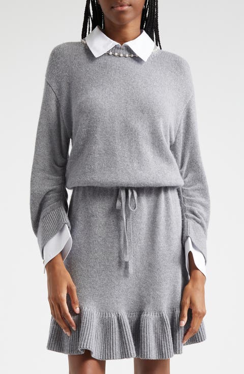 Kiana Rhinestone Accent Long Sleeve Sweater Shirtdress