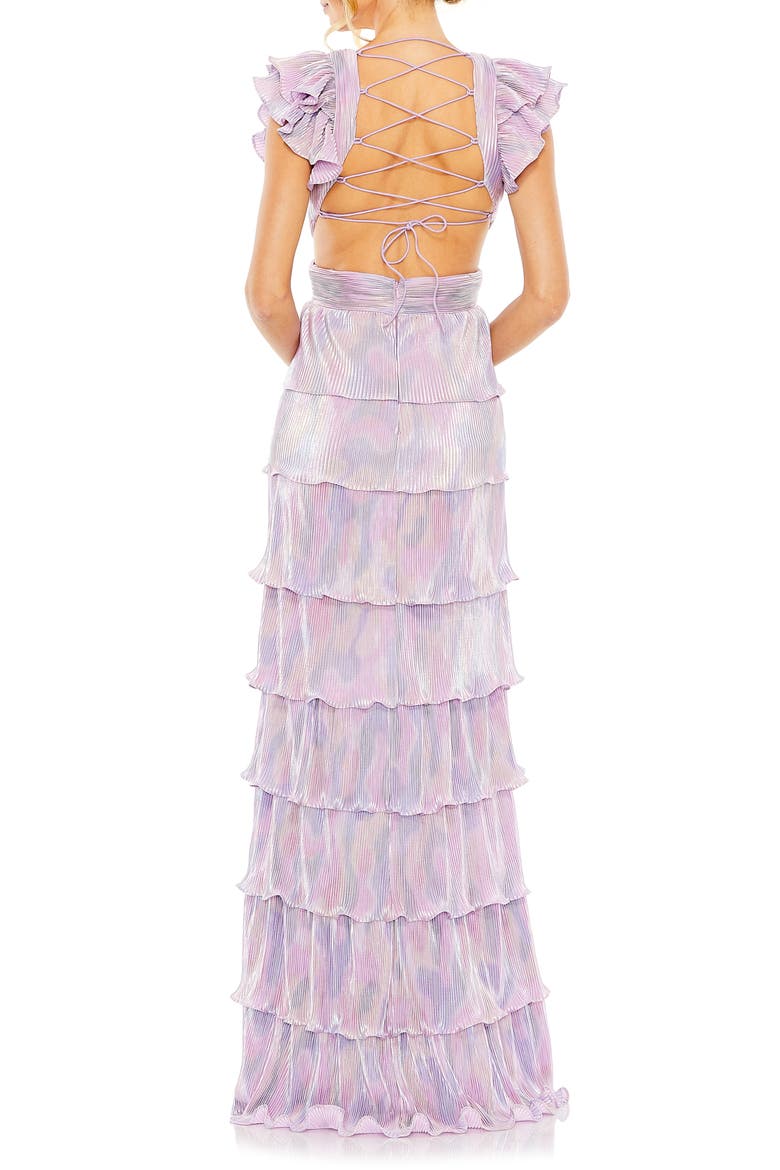 Ruffle Tiered Criss Cross Lace Up Gown, Alternate, color, PURPLE MULTI