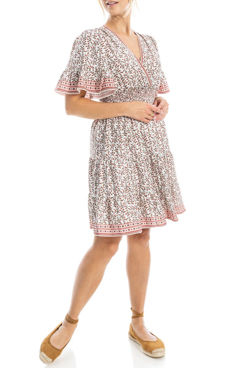 MAX STUDIO Short Sleeve Tiered Crepe Dress, Alternate, color, Ivory/ Red