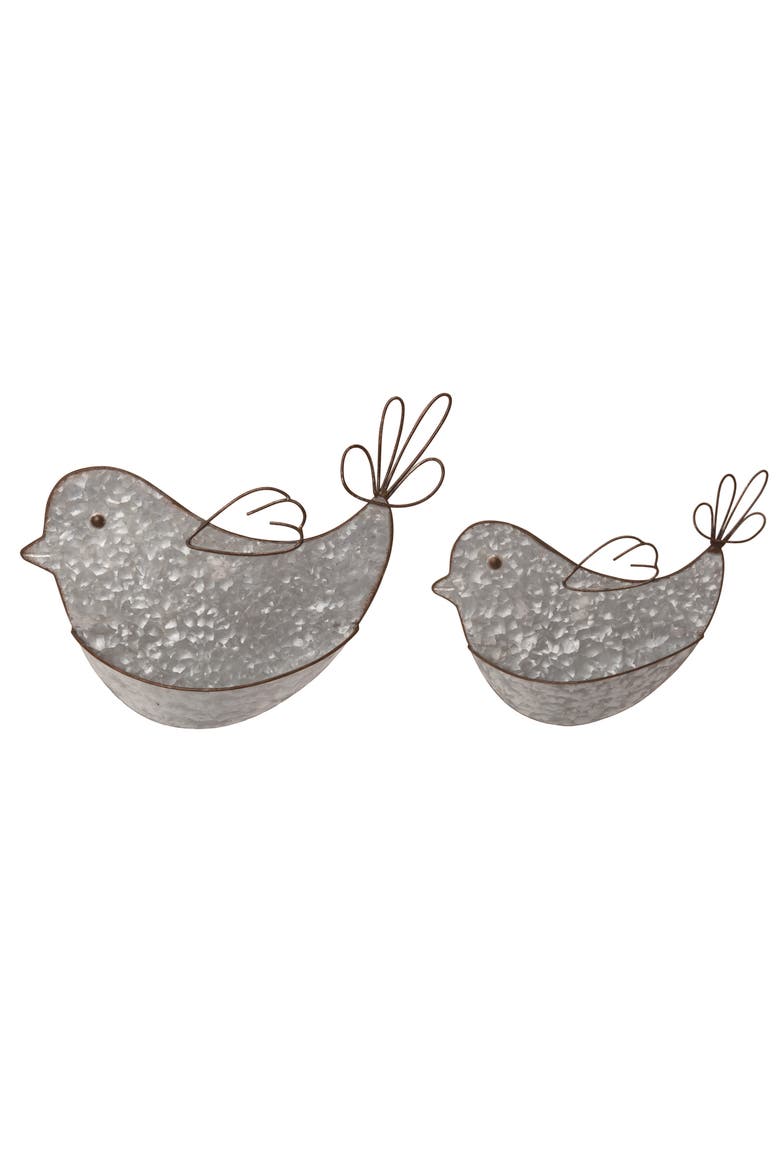 Metal 13.75 Inch Silver Spring Hanging Bird Container Wall Decor Set of 2 Decorative Sculptures, Main, color, Silver