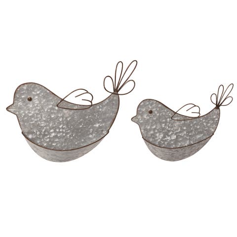 Metal 13.75 Inch Silver Spring Hanging Bird Container Wall Decor Set of 2 Decorative Sculptures