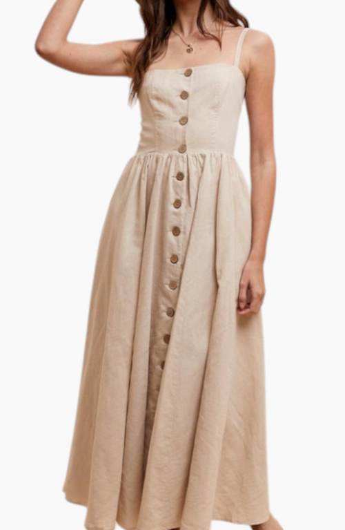 Modenaire Button Front Midi Dress With Spaghetti Straps And Side Pockets In White