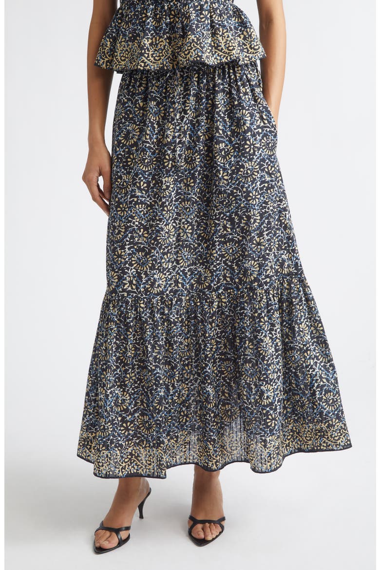 Olina Print Tiered Cotton Maxi Skirt, Main, color, MIDNIGHT BLOOM