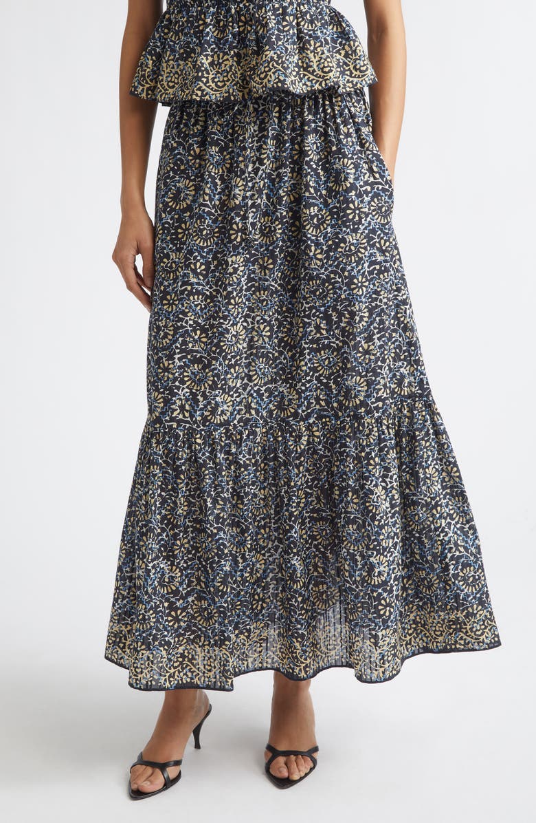 Ulla Johnson Olina Print Tiered Cotton Maxi Skirt, Main, color, Midnight Bloom