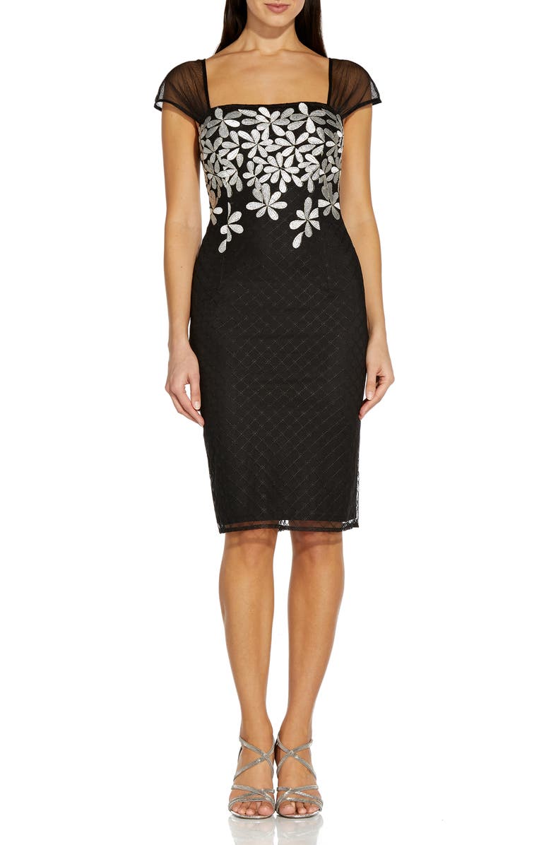 Adrianna Papell Metallic Floral Embroidered Cocktail Sheath Dress, Main, color, 