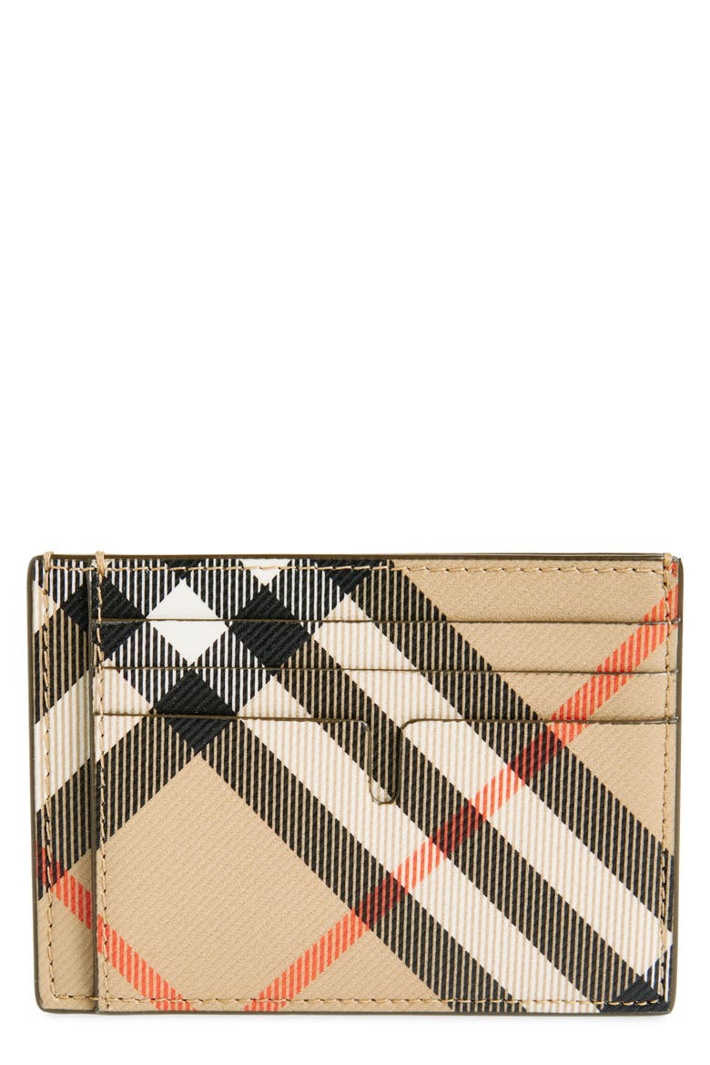 Check Money Clip Coated Canvas & Leather Card Case, Main, color, SAND