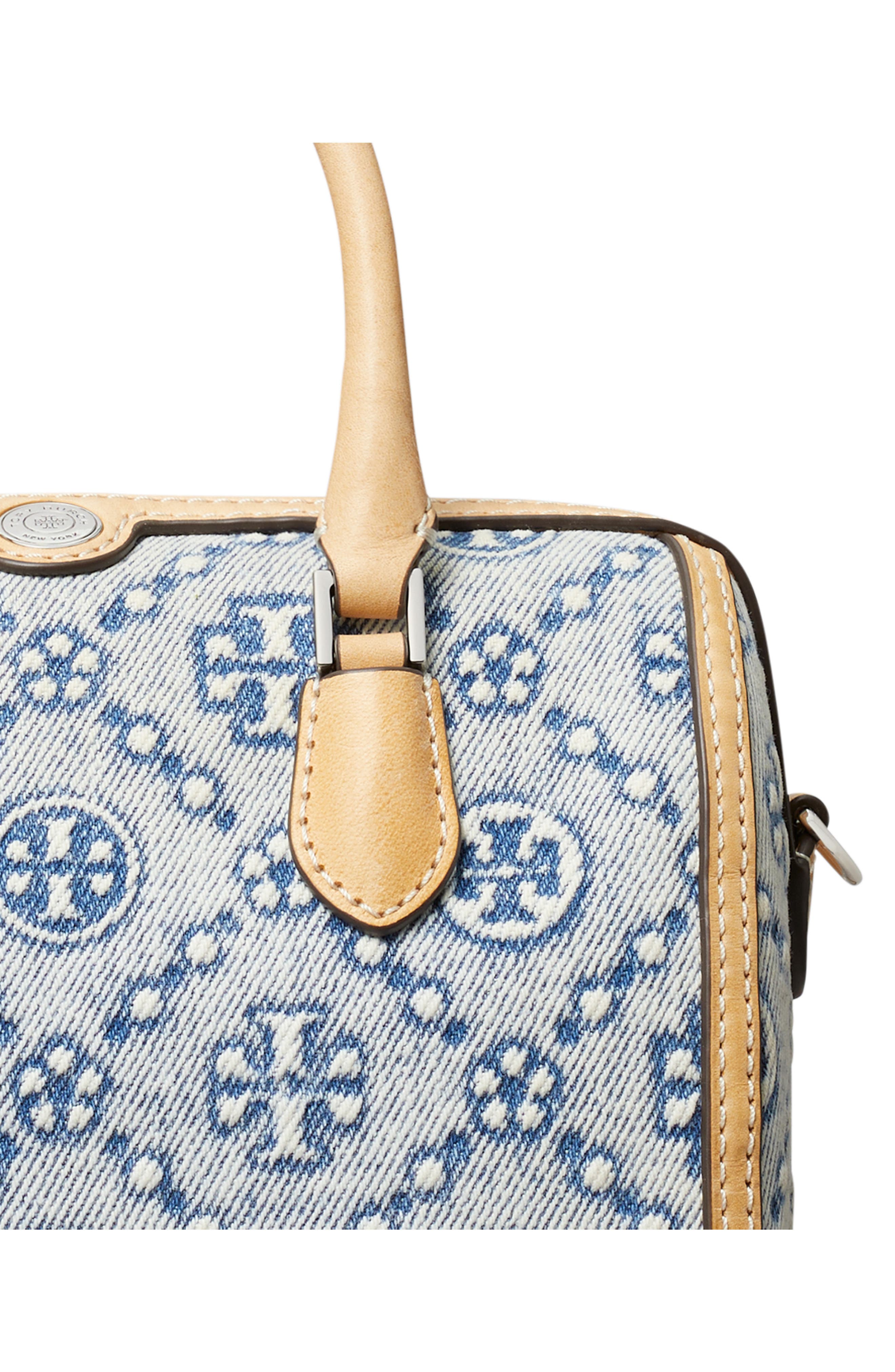Tory Burch Petite T Monogram Jacquard Barrel Bag, Alternate, color, Powder Blue