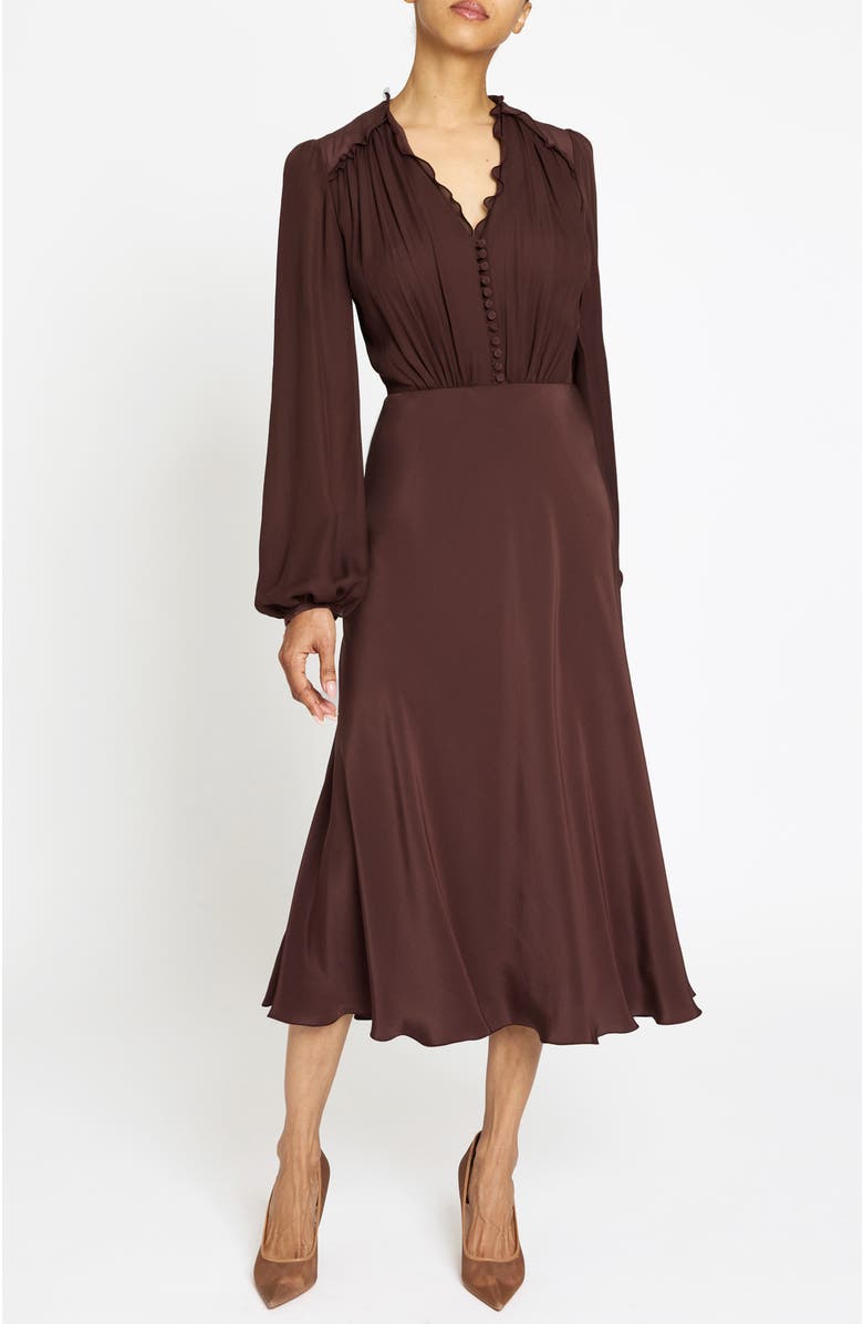 Santorelli Amal Silk Long Sleeve Fit and Flare Midi Dress, Main, color, Raisin
