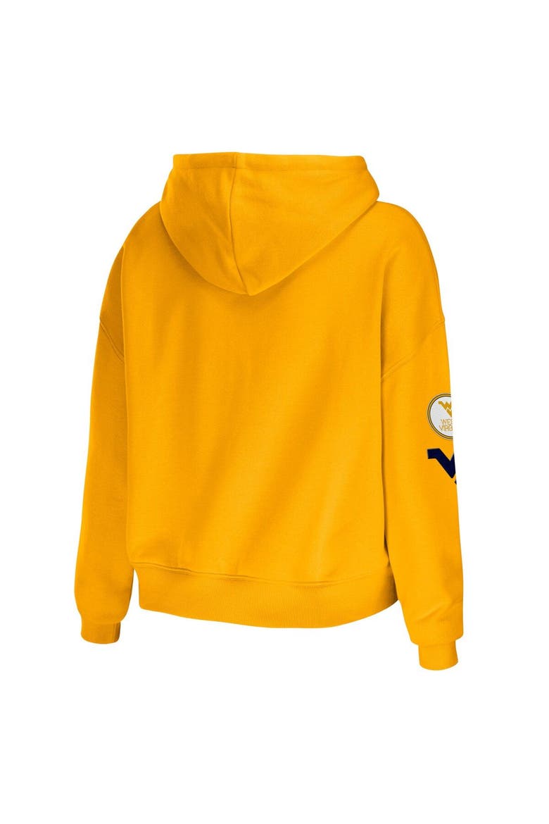 Women's WEAR by Erin Andrews Gold West Virginia Mountaineers Mixed Media Cropped Pullover Hoodie, Alternate, color, Gold