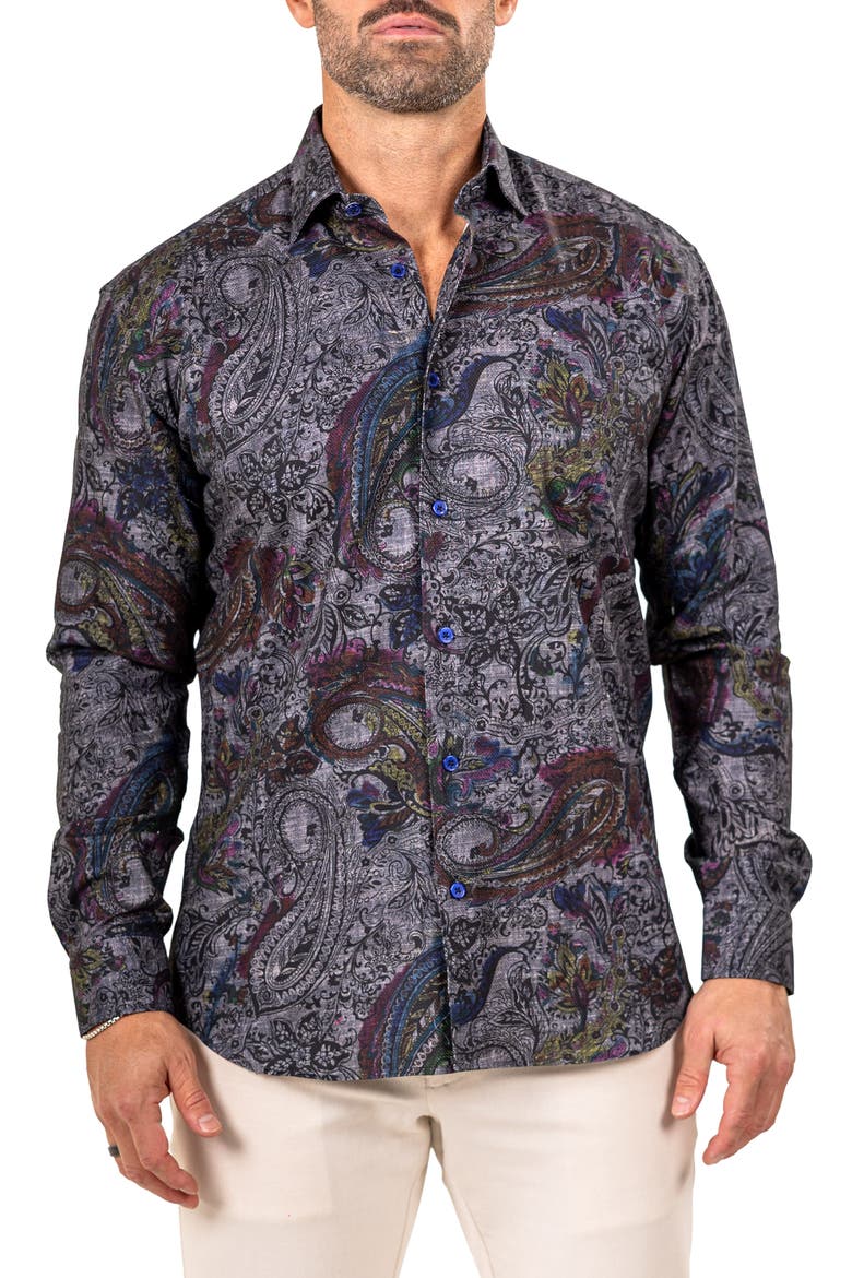 Fibonacci Marthyr 0256 Paisley Contemporary Fit Button-Up Shirt, Main, color, BLACK