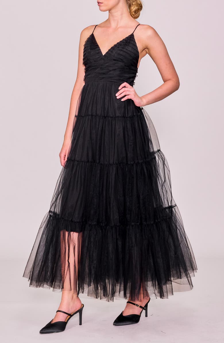 MELLODAY Sleeveless Tiered Tulle Gown, Alternate, color, Black