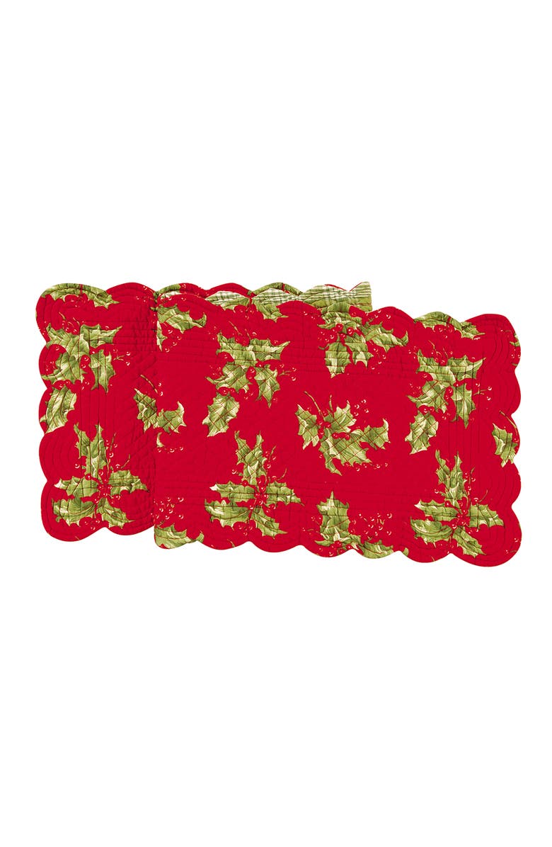 C&F Home Red Holly Leaves & Berries Cotton Quilted Christmas Table Runner 14" x 51", Main, color, Red