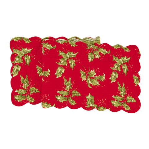 Red Holly Leaves & Berries Cotton Quilted Christmas Table Runner 14" x 51"