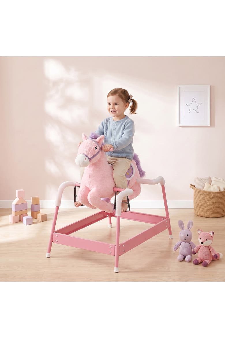 Kids Spring Rocking Horse, Ride on Horse with Neighing Sounds, Plush Animal Ride on Toy with Covered Spring, Alternate, color, pink
