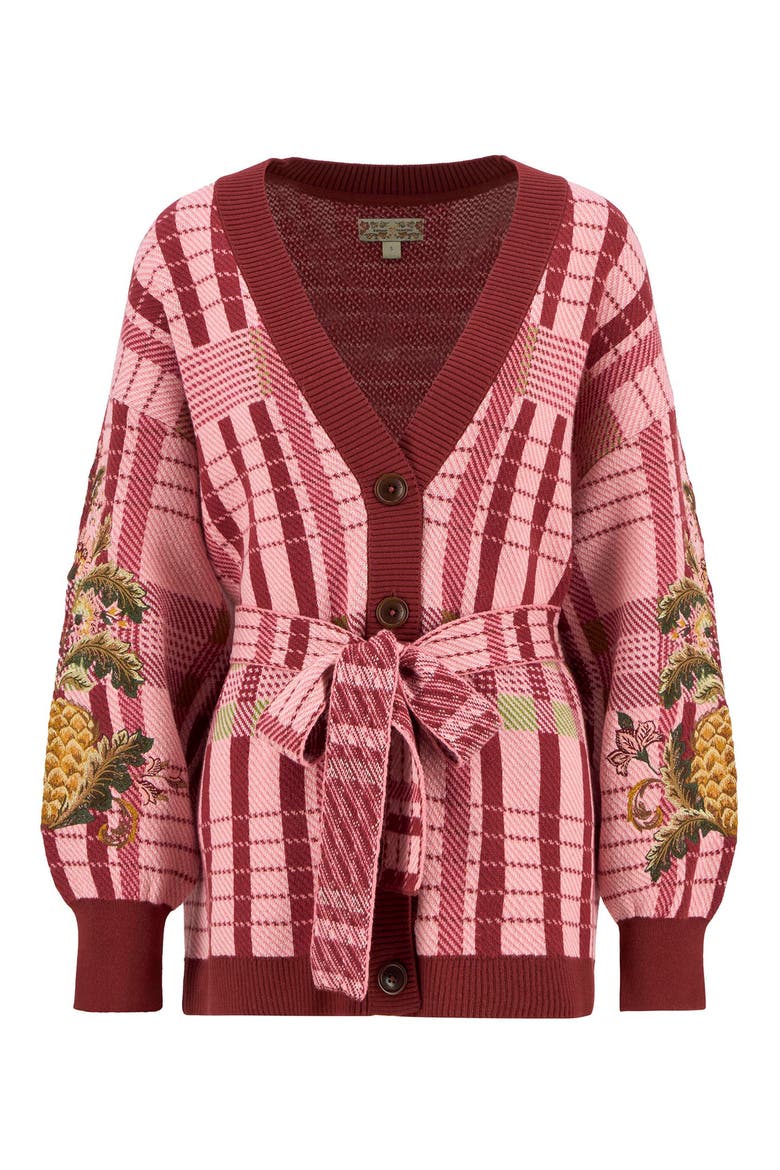 x Farm Rio Luisa Long Belted Cardigan, Alternate, color, PINK TARTAN