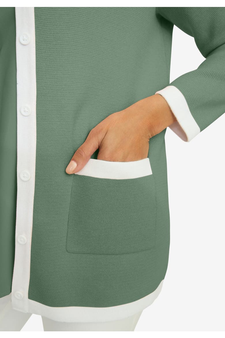 Tipped Boxy Cardigan, Alternate, color, OLIVE DRAB WHITE