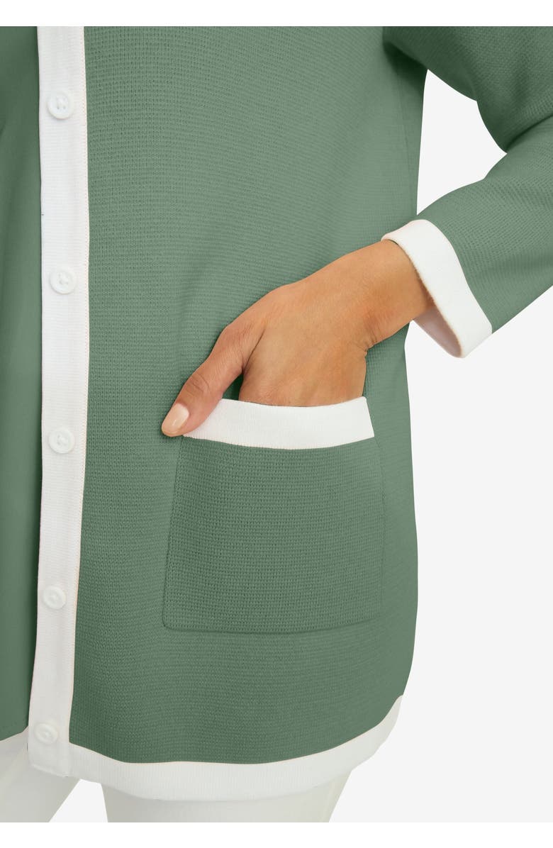 Jessica London Tipped Boxy Cardigan, Alternate, color, Olive Drab White