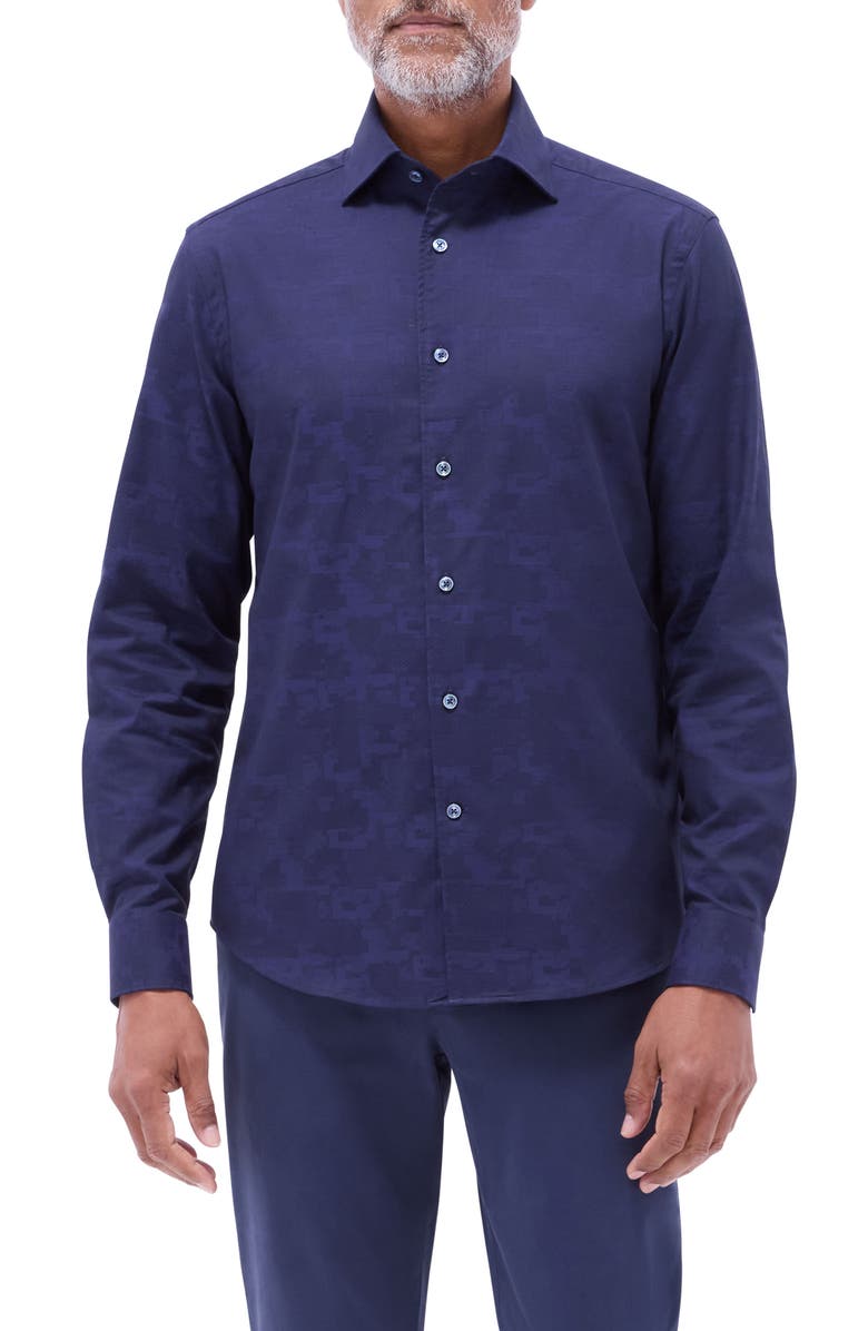 Bugatchi Axel Shaped Fit Stretch Cotton Button-Up Shirt, Main, color, Navy