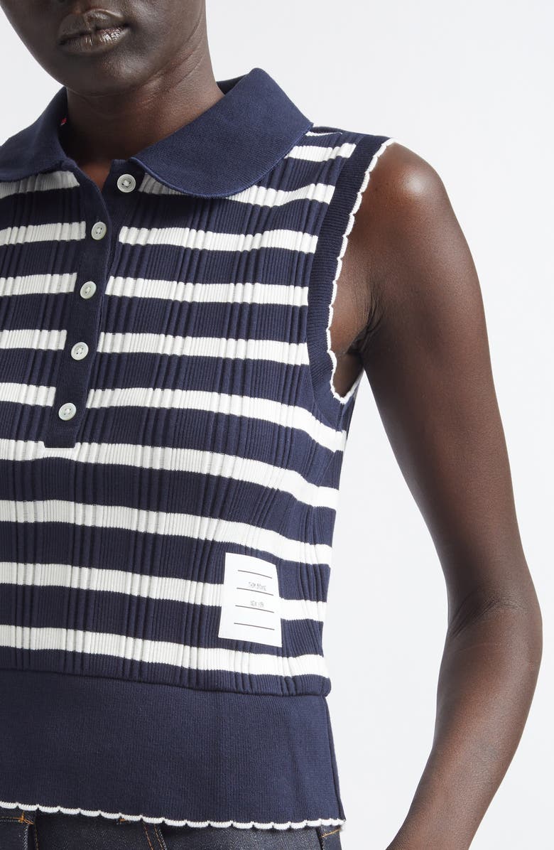 Thom Browne Stripe Scallop Edge Sleeveless Cotton Rib Polo, Alternate, color, Navy/ White