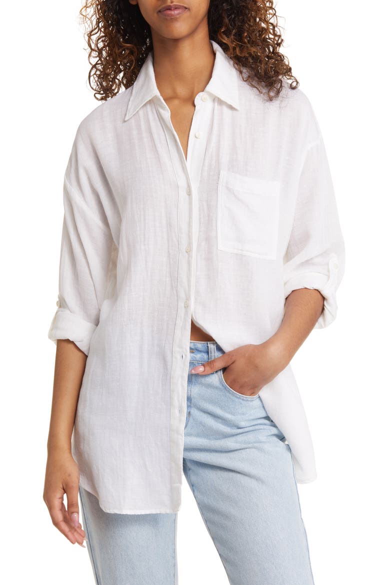 Premium Linen Button-Up Blouse, Main, color, WHITE