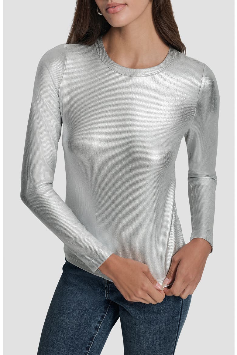 Foil Rib Knit Long Sleeve Top, Main, color, SILVER