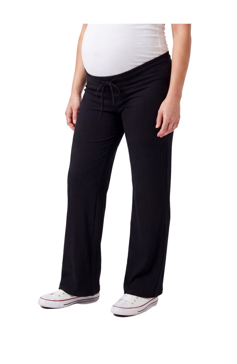 24seven Comfort Apparel Maternity Basic Ribbed Knit Drawstring Straight Leg Lounge Pants, Alternate, color, Black
