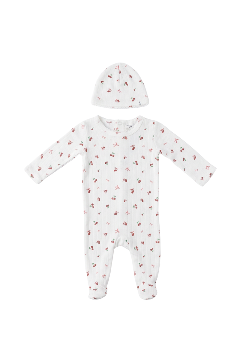 Cherry Pointelle Scalloped Edge Romper and Hat Set, Main, color, White