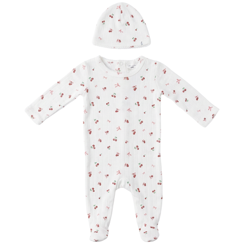Cherry Pointelle Scalloped Edge Romper and Hat Set