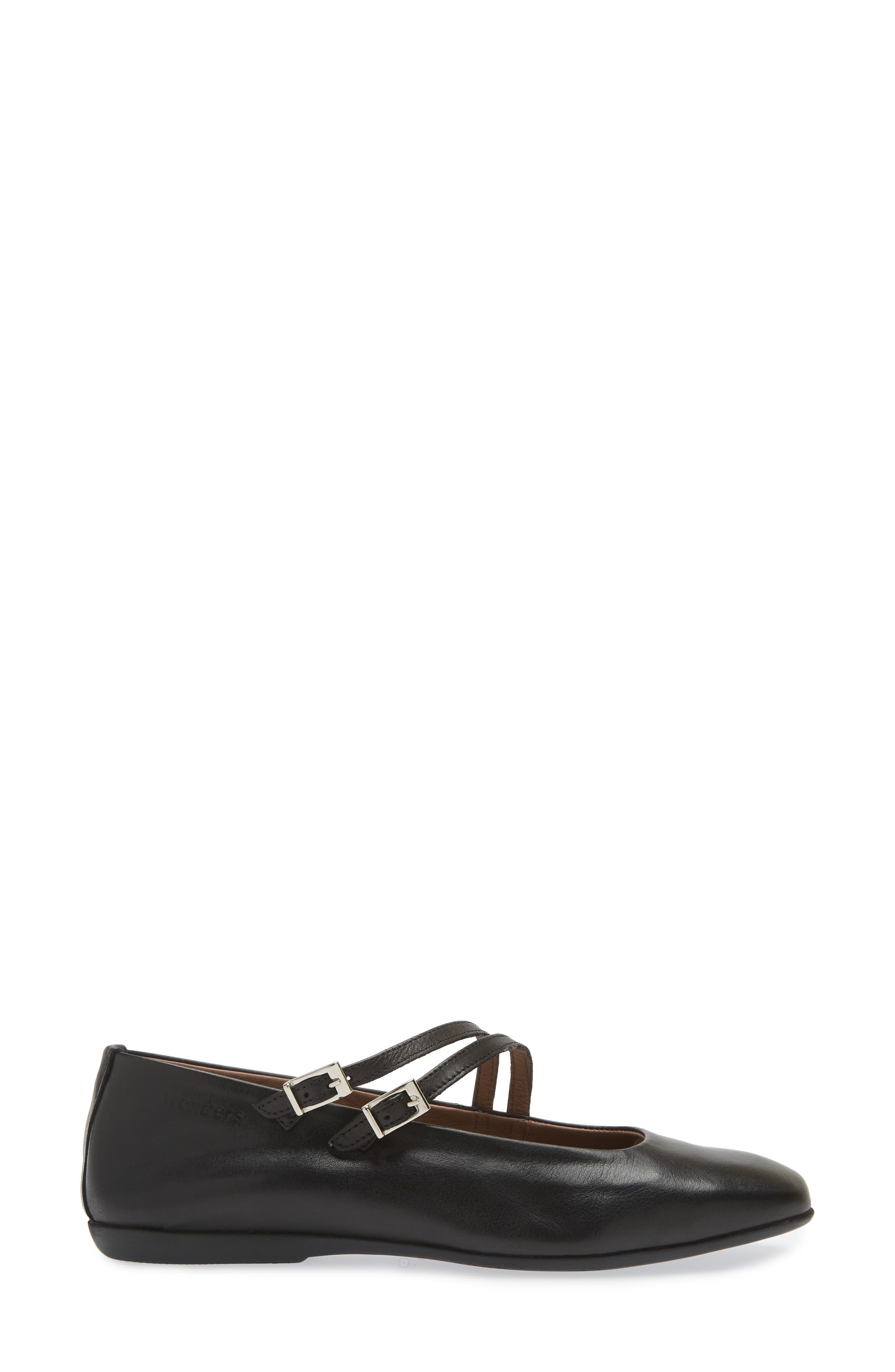 Wonders Asymmetric Double Strap Flat, Alternate, color, Black Leather