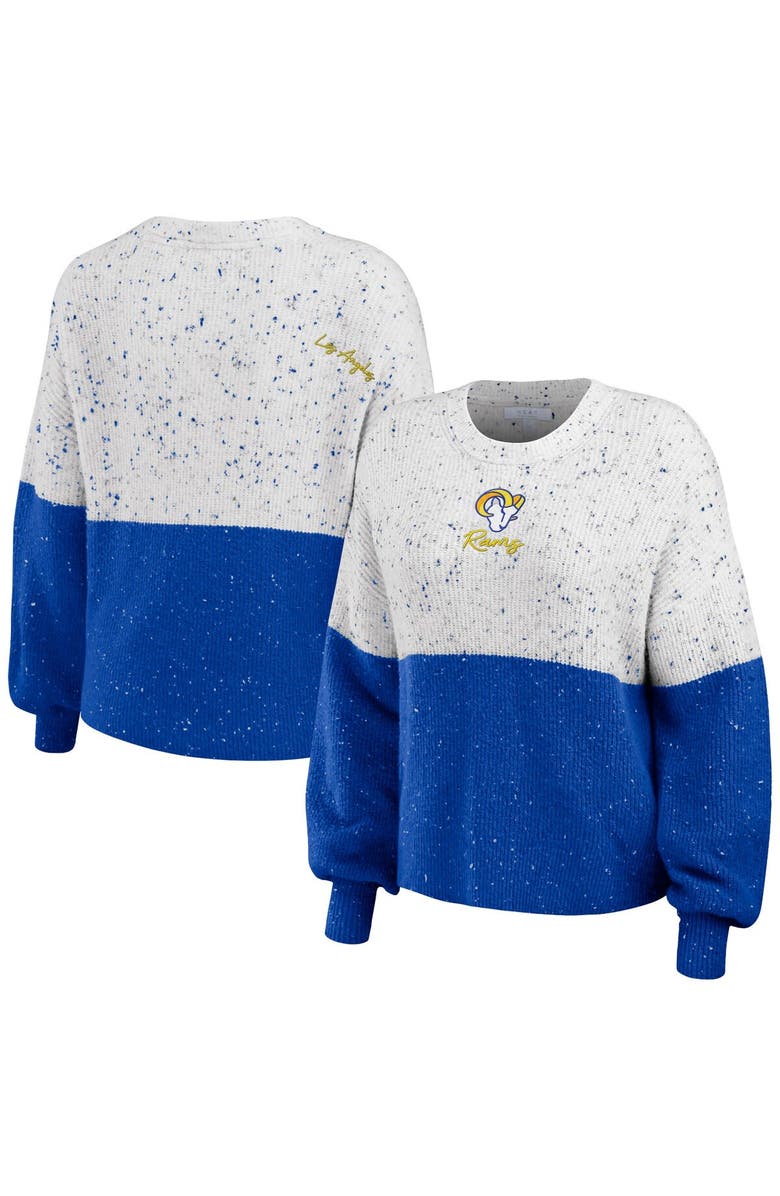 WEAR by Erin Andrews Women's WEAR by Erin Andrews  White/Royal Los Angeles Rams Lighweight Modest Crop Color-Block Pullover Sweater, Alternate, color, 