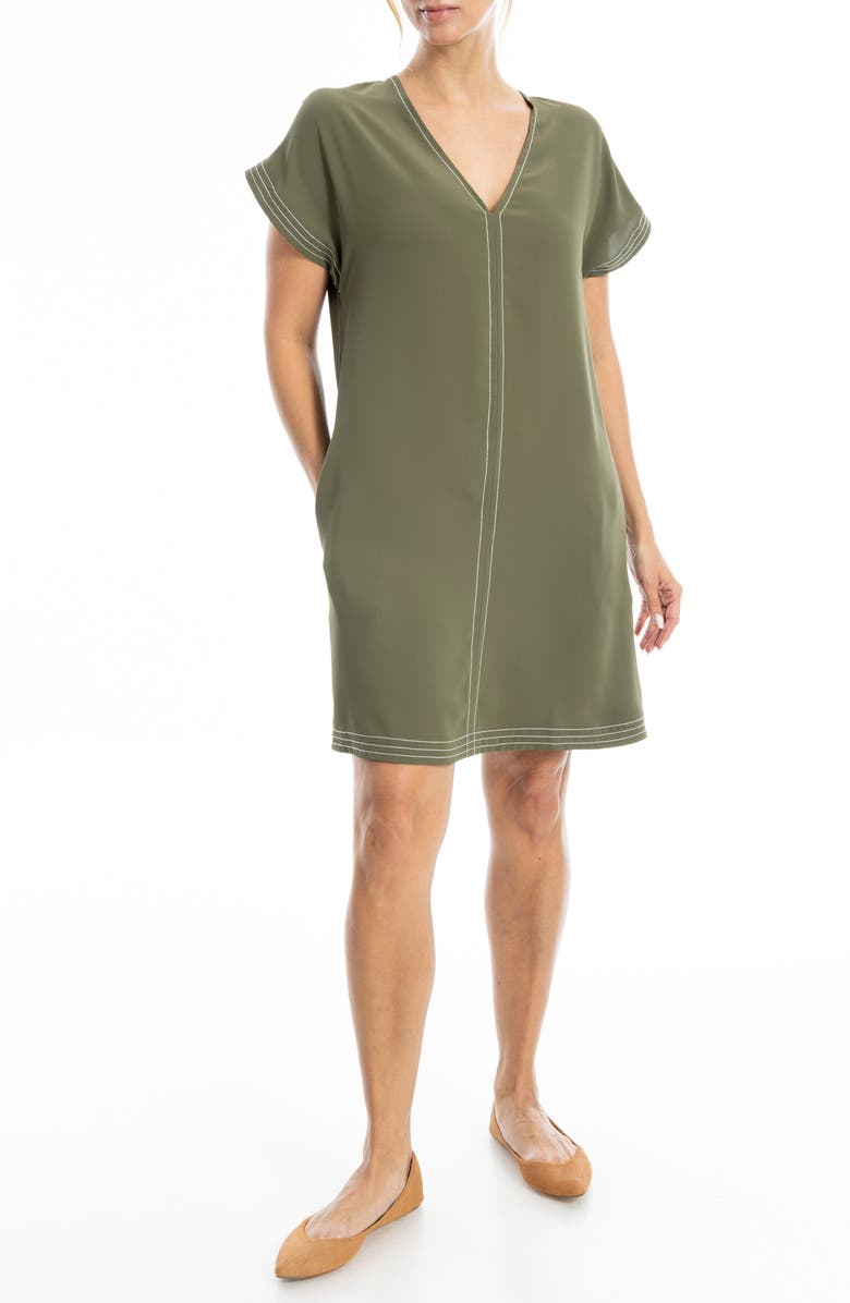 MAX STUDIO V-Neck Contrast Stitch Dress, Alternate, color, Army