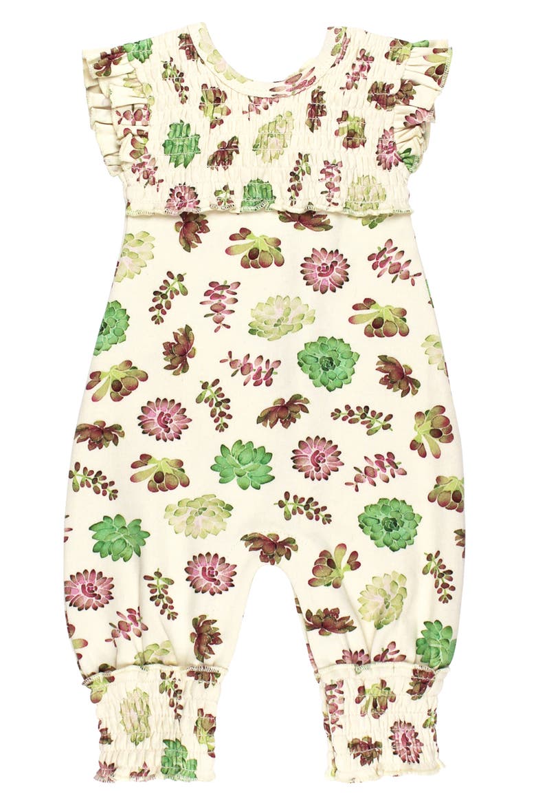 Cross Back Organic Cotton Romper, Main, color, BUTTERCREAM SUCCULENTS