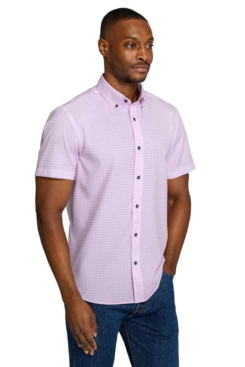 Slim Fit Gingham Woven Short Sleeve Basic Shirt, Alternate, color, LT. PINK