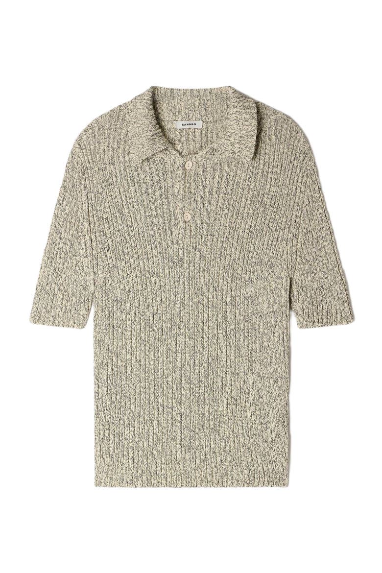 Marl cotton knit polo shirt, Alternate, color, White / black