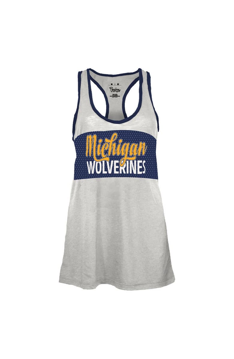 PRESSBOX Women's Pressbox White/Navy Michigan Wolverines Tracy Racerback Burnout Tank Top, Alternate, color, White