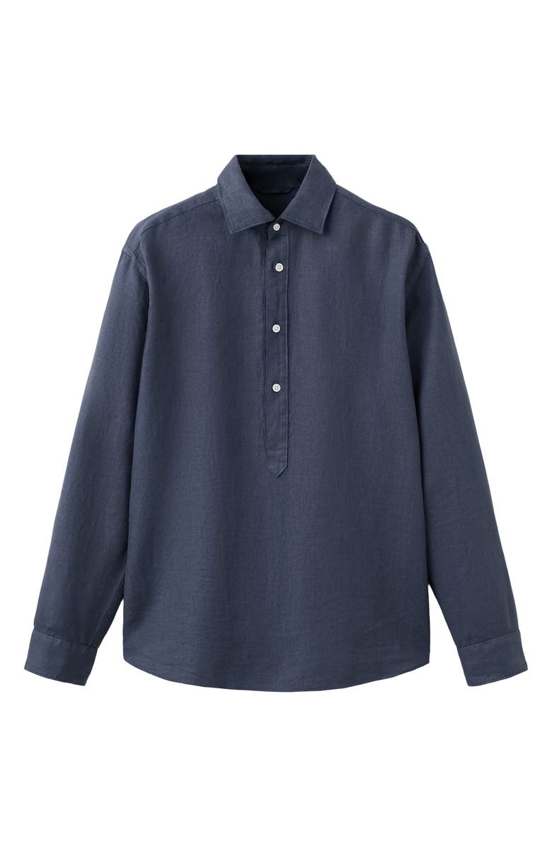 MANGO Long Sleeve Linen Polo Shirt, Alternate, color, Indigo Blue