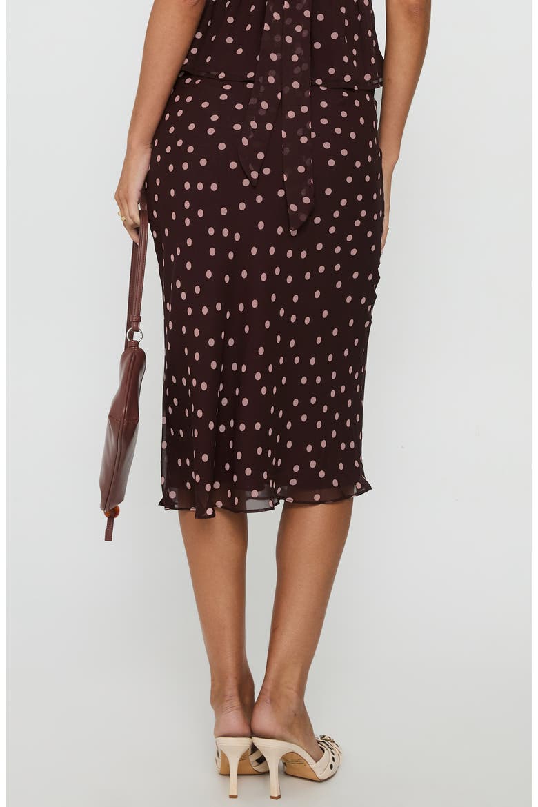 Sydni Dot Bias Cut Midi Skirt, Alternate, color, CHOCOLATE/ PINK POLKA