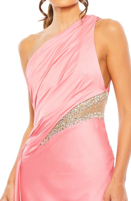 Mac Duggal One Shoulder Embellished Satin Gown In Coral